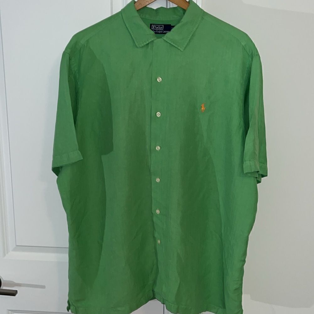 GREEN Silk/Linen Big Man Polo by Ralph Lauren w/ orange pony Hawaii Luau shirt